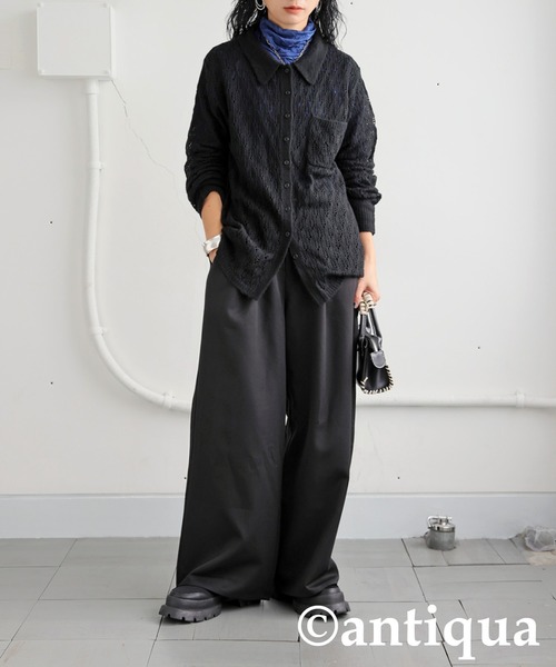 antiqua(アンティカ)の「透かし編みシャツニット(ニット/セーター・レディース・ブラック/ネイビー・ONESIZE)」の7枚目の写真