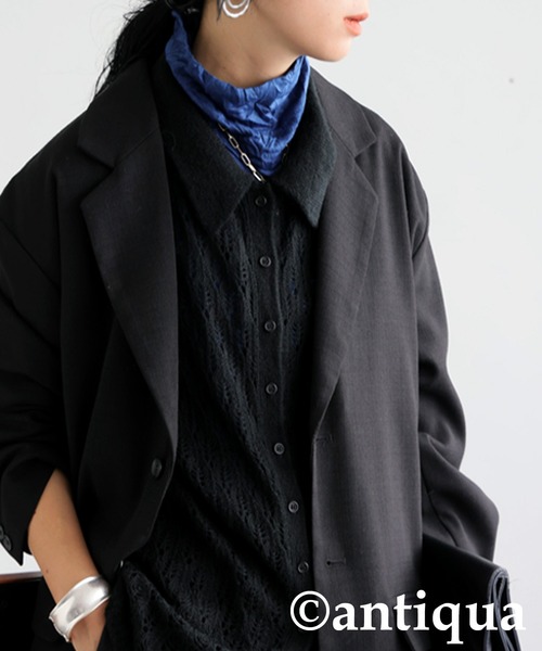 antiqua(アンティカ)の「透かし編みシャツニット(ニット/セーター・レディース・ブラック/ネイビー・ONESIZE)」の9枚目の写真