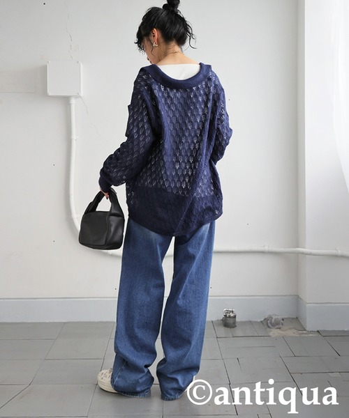 antiqua(アンティカ)の「透かし編みシャツニット(ニット/セーター・レディース・ブラック/ネイビー・ONESIZE)」の11枚目の写真