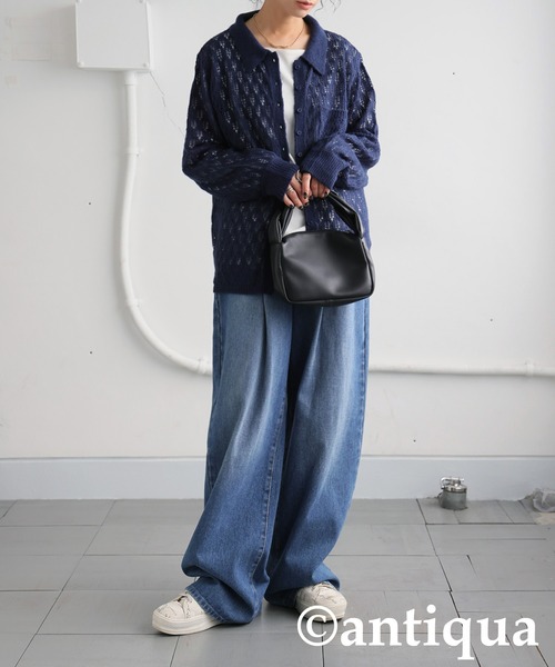 antiqua(アンティカ)の「透かし編みシャツニット(ニット/セーター・レディース・ブラック/ネイビー・ONESIZE)」の14枚目の写真