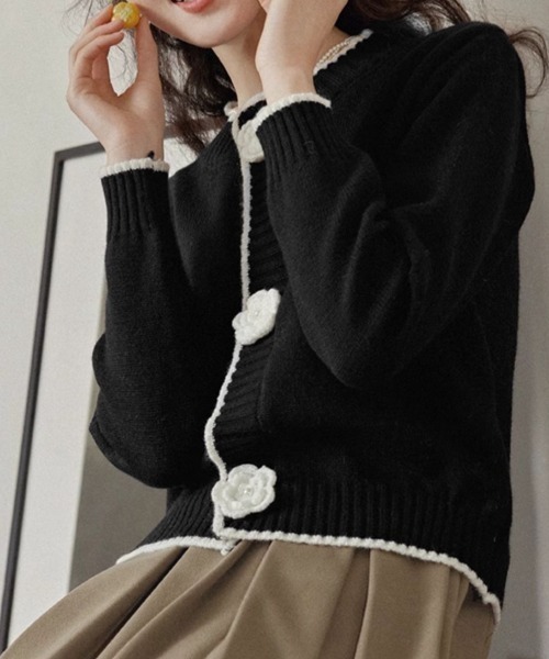 花ボタンクルーニットカーデ（カーディガン/ボレロ）｜deux amour（ドゥーザムール）