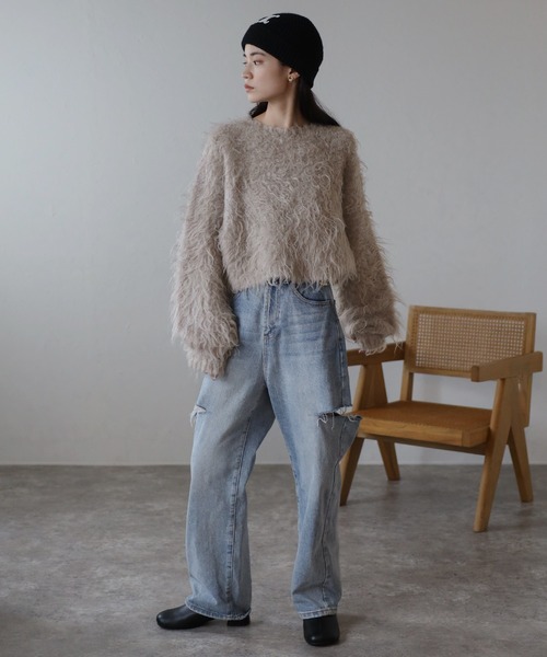 ENC（エンク）の「teddybear shaggy cropped pullover / テディベアーシャギークロップドプルオーバー（ニット/セーター・レディース・ブラウン系その他/ダークグレー/オートミール・FREE）」の8枚目の写真