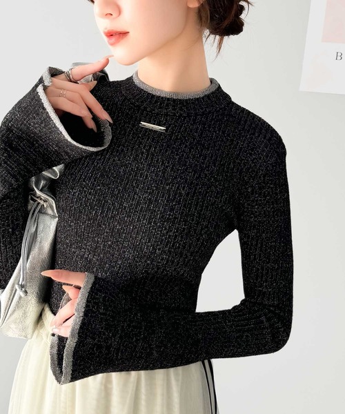 mily bilet(ミウィビレット)の「【mily bilet】きらめきと上品さ溢れる。ラメ入りリブプチハイ袖フレアニット(長袖)(ニット/セーター・レディース・グレー/ブルー/ブラック/アイボリー・MEDIUM/SMALL/X-LARGE/LARGE)」の1枚目の写真