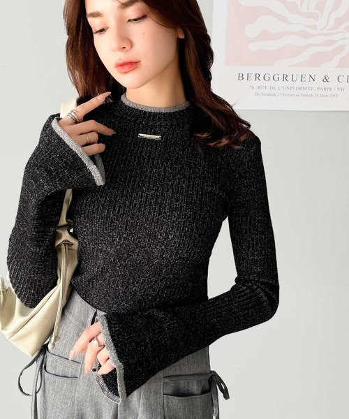 mily bilet(ミウィビレット)の「【mily bilet】きらめきと上品さ溢れる。ラメ入りリブプチハイ袖フレアニット(長袖)(ニット/セーター・レディース・グレー/ブルー/ブラック/アイボリー・MEDIUM/SMALL/X-LARGE/LARGE)」の15枚目の写真