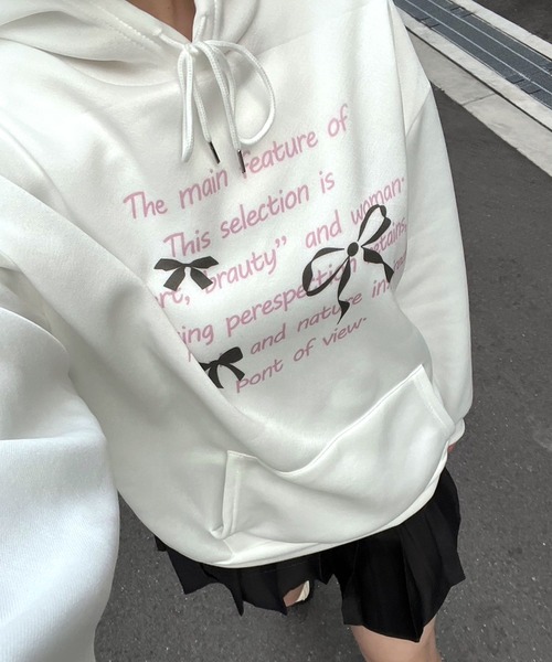 merrylatte(メリーラテ)の「ピンクテキスト×リボンデザインパーカー(パーカー・レディース・ホワイト・MEDIUM/X-LARGE/SMALL)」の7枚目の写真