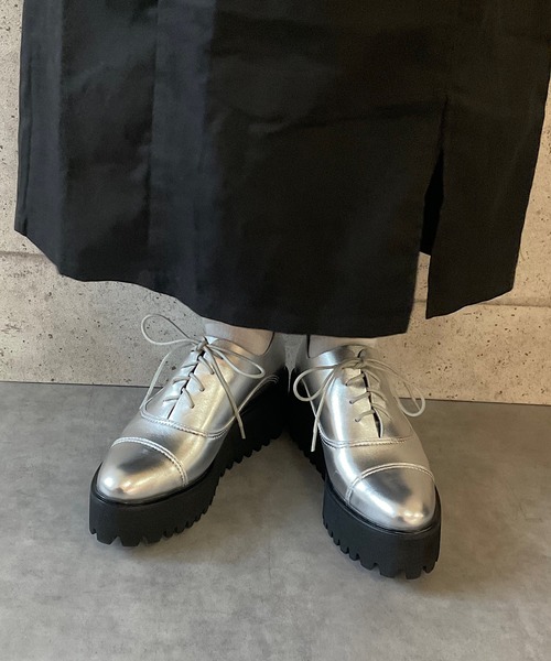 本革/厚底/6cm】キャタピラーソールレースアップシューズ ALL BLACK