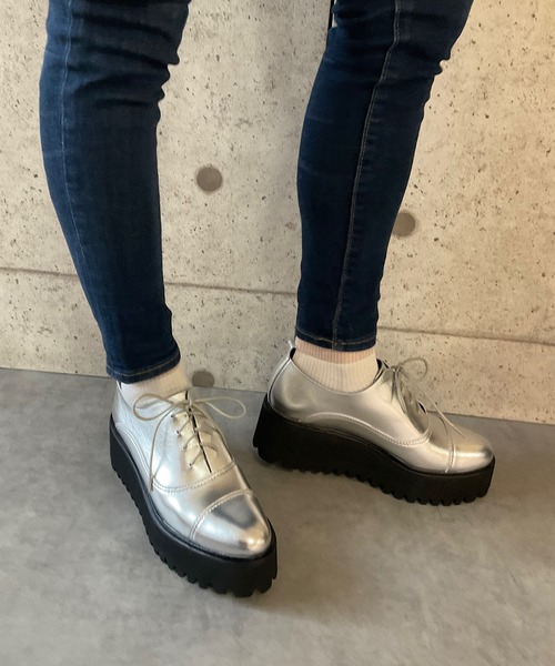 本革/厚底/6cm】キャタピラーソールレースアップシューズ ALL BLACK