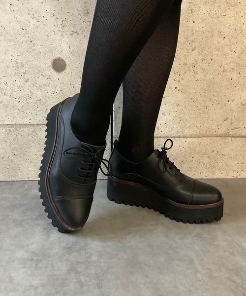 本革/厚底/6cm】キャタピラーソールレースアップシューズ ALL BLACK