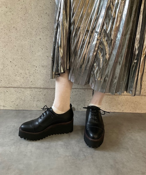本革/厚底/6cm】キャタピラーソールレースアップシューズ ALL BLACK