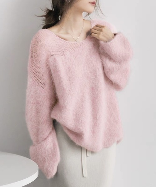 Lace Ladies(レースレディース)の「ソリッドカラー ミックス シャギー ニット プルオーバー(ニット/セーター・レディース・パープル/ピンク/アイボリー・FREE)」の3枚目の写真