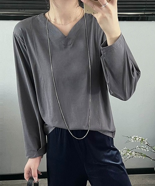 DECADE CLASSIC(ディケイド クラシック)の「【DECADE CLASSIC】Vネックロングスリーブカットソー(Tシャツ/カットソー・レディース・ブラック/ホワイト/ダークグレー/ピンク・MEDIUM/LARGE)」の3枚目の写真