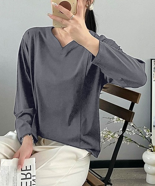 DECADE CLASSIC(ディケイド クラシック)の「【DECADE CLASSIC】Vネックロングスリーブカットソー(Tシャツ/カットソー・レディース・ブラック/ホワイト/ダークグレー/ピンク・MEDIUM/LARGE)」の22枚目の写真