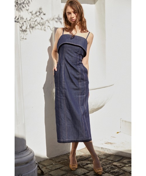 Estella.K(エステラケー)の「Nicole Denim Midi Dress ペンシルべアドレス(ワンピース・レディース・ホワイト/インディゴブルー・FREE)」の13枚目の写真