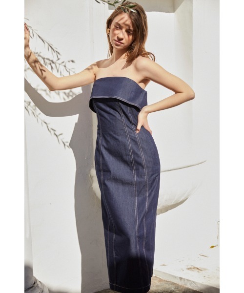 Estella.K(エステラケー)の「Nicole Denim Midi Dress ペンシルべアドレス(ワンピース・レディース・ホワイト/インディゴブルー・FREE)」の17枚目の写真