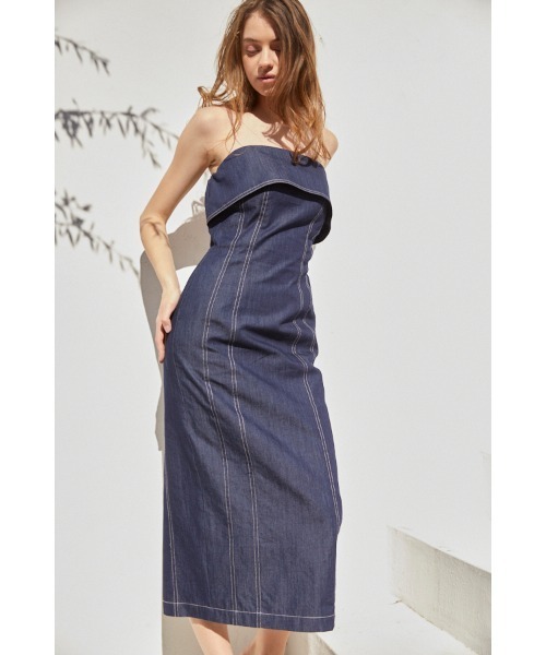 Estella.K(エステラケー)の「Nicole Denim Midi Dress ペンシルべアドレス(ワンピース・レディース・ホワイト/インディゴブルー・FREE)」の19枚目の写真
