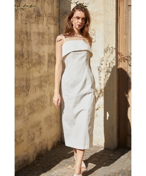 【Estella.k】Nicole Denimペンシルべアドレス Nicole Denim Midi Dress ペンシルべアドレス（ワンピース）｜Estella