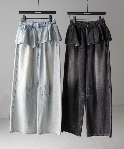 me+em select(ミームセレクト)の「※※【 2color / 4size 】フリルドッキングレイヤードヴィンテージワイドデニム / frll docking layered vintage wide denim(デニムパンツ・レディース・ブルー/ブラック・MEDIUM/SMALL/X-LARGE/LARGE)」の3枚目の写真