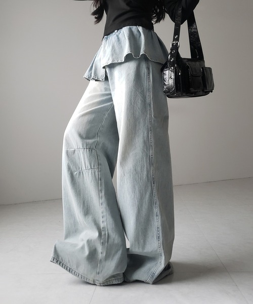 me+em select(ミームセレクト)の「※※【 2color / 4size 】フリルドッキングレイヤードヴィンテージワイドデニム / frll docking layered vintage wide denim(デニムパンツ・レディース・ブルー/ブラック・MEDIUM/SMALL/X-LARGE/LARGE)」の9枚目の写真