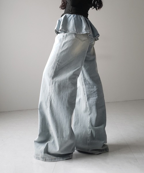 me+em select(ミームセレクト)の「※※【 2color / 4size 】フリルドッキングレイヤードヴィンテージワイドデニム / frll docking layered vintage wide denim(デニムパンツ・レディース・ブルー/ブラック・MEDIUM/SMALL/X-LARGE/LARGE)」の10枚目の写真