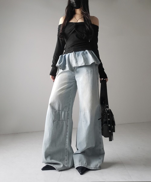 me+em select(ミームセレクト)の「※※【 2color / 4size 】フリルドッキングレイヤードヴィンテージワイドデニム / frll docking layered vintage wide denim(デニムパンツ・レディース・ブルー/ブラック・MEDIUM/SMALL/X-LARGE/LARGE)」の15枚目の写真