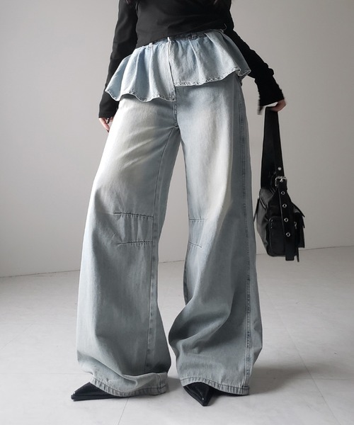 me+em select(ミームセレクト)の「※※【 2color / 4size 】フリルドッキングレイヤードヴィンテージワイドデニム / frll docking layered vintage wide denim(デニムパンツ・レディース・ブルー/ブラック・MEDIUM/SMALL/X-LARGE/LARGE)」の11枚目の写真