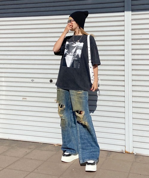 non-hedge(ノンヘッジ)の「転写プリントブリーチTシャツ(Tシャツ/カットソー・レディース・グレー/ブラック・FREE)」の8枚目の写真