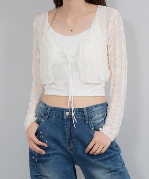 Chiina（チーナ）の「Chiina / シアーフラワーカーディガン（カーディガン/ボレロ・レディース・アイボリー/ライトブルー/ブラック・FREE）」の6枚目の写真