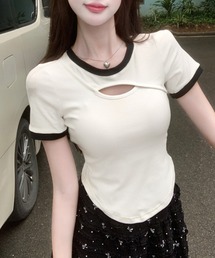 フロントカットアウト 配色リンガー ピチTシャツ