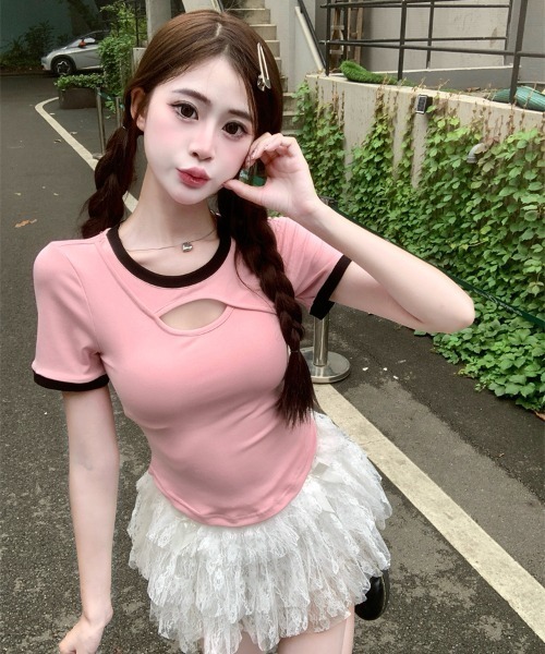 Mejoul（メジュール）の「フロントカットアウト 配色リンガー ピチTシャツ（Tシャツ/カットソー・レディース・ピンク/ホワイト/ブラック/アイボリー・S/M）」の13枚目の写真