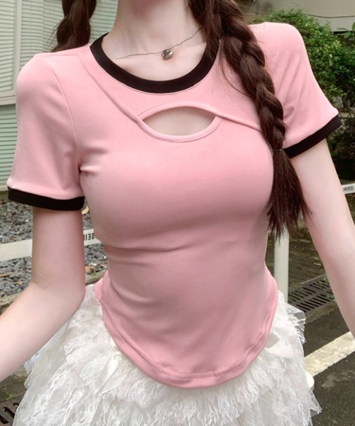 Mejoul（メジュール）の「フロントカットアウト 配色リンガー ピチTシャツ（Tシャツ/カットソー・レディース・ピンク/ホワイト/ブラック/アイボリー・S/M）」の14枚目の写真