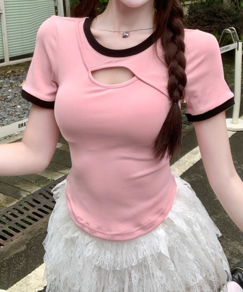 Mejoul（メジュール）の「フロントカットアウト 配色リンガー ピチTシャツ（Tシャツ/カットソー・レディース・ピンク/ホワイト/ブラック/アイボリー・S/M）」の15枚目の写真