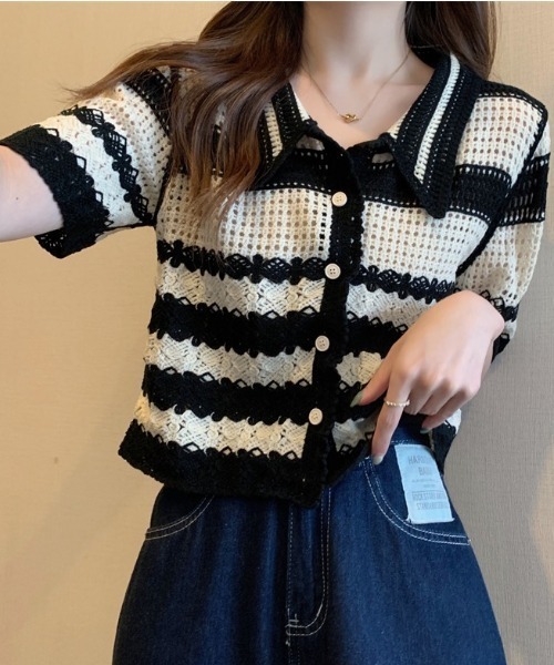 GORGE（ゴージ）の「ボーダーエリツキカーディガン/透かし編みニットカーディガン（カーディガン/ボレロ・レディース・サックスブルー/ブラック・F）」の7枚目の写真