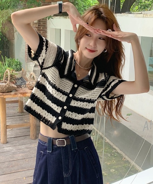GORGE（ゴージ）の「ボーダーエリツキカーディガン/透かし編みニットカーディガン（カーディガン/ボレロ・レディース・サックスブルー/ブラック・F）」の16枚目の写真