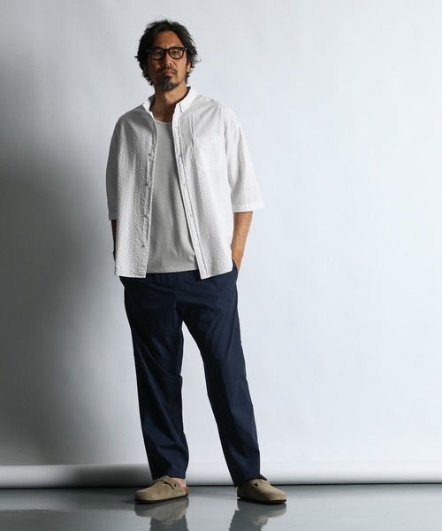 The DUFFER of ST.GEORGE（ザダファーオブセントジョージ）の「SEERSUCKER OVERDYE 3Q SHIRT：シアサッカーストライプ 製品染め 5分袖シャツ（シャツ/ブラウス・メンズ・ネイビー/ブラック/ホワイト・LARGE/MEDIUM/SMALL/X-LARGE）」の5枚目の写真