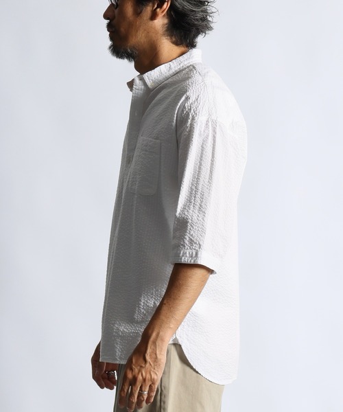 The DUFFER of ST.GEORGE（ザダファーオブセントジョージ）の「SEERSUCKER OVERDYE 3Q SHIRT：シアサッカーストライプ 製品染め 5分袖シャツ（シャツ/ブラウス・メンズ・ネイビー/ブラック/ホワイト・LARGE/MEDIUM/SMALL/X-LARGE）」の10枚目の写真