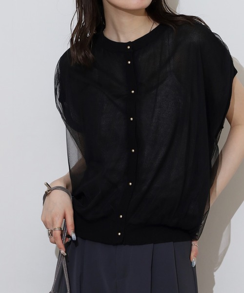 Anna Nicola(アンナニコラ)の「Anna Nicola チュールドッキングシアーニットベストカーディガン(カーディガン/ボレロ・レディース・ブラック/グレー/オフホワイト・38)」の8枚目の写真