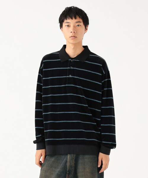 セール】ワイドフィット ベロア ボーダー ポロシャツ（ポロシャツ