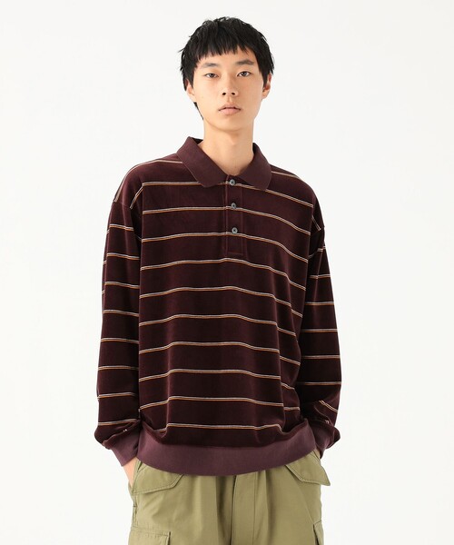 セール】ワイドフィット ベロア ボーダー ポロシャツ（ポロシャツ
