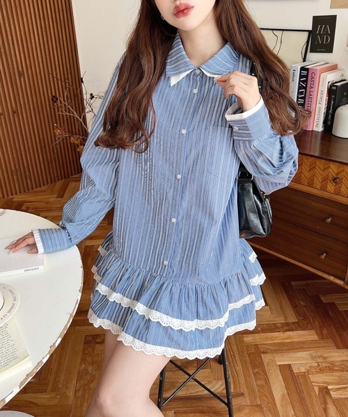 moment+（モーメントプラス）の「ダブルカラーレースフリルティアードシャツワンピース（シャツワンピース・レディース・チャコールグレー/ネイビー・M）」の11枚目の写真