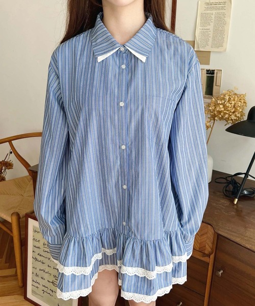 moment+（モーメントプラス）の「ダブルカラーレースフリルティアードシャツワンピース（シャツワンピース・レディース・チャコールグレー/ネイビー・M）」の15枚目の写真