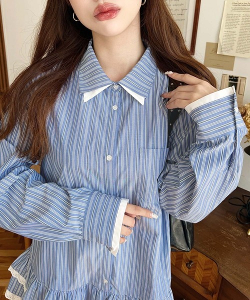 moment+（モーメントプラス）の「ダブルカラーレースフリルティアードシャツワンピース（シャツワンピース・レディース・チャコールグレー/ネイビー・M）」の12枚目の写真