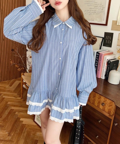 moment+（モーメントプラス）の「ダブルカラーレースフリルティアードシャツワンピース（シャツワンピース・レディース・チャコールグレー/ネイビー・M）」の8枚目の写真