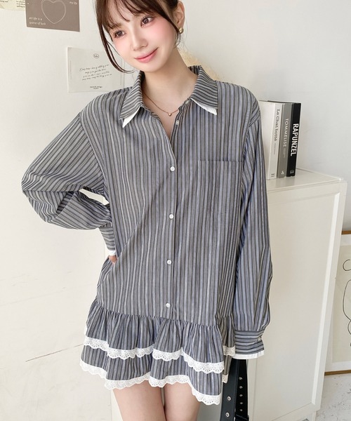 moment+（モーメントプラス）の「ダブルカラーレースフリルティアードシャツワンピース（シャツワンピース・レディース・チャコールグレー/ネイビー・M）」の22枚目の写真