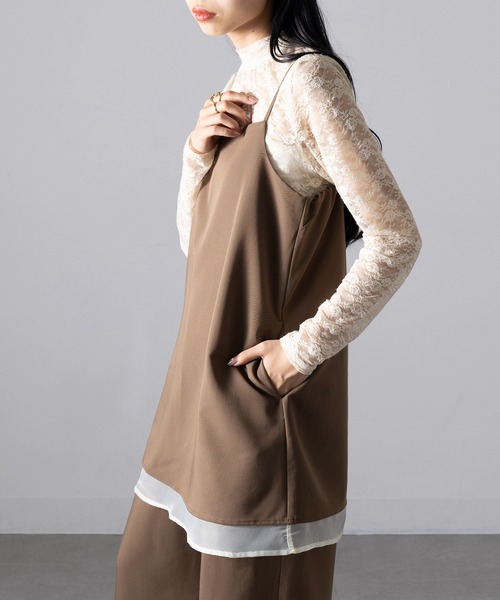 MAGASIN DE MODE Onjna(マガジンデモードオンジェナ )の「【MAGASIN DE MODE Onjna】T/R/Puツイル×オーガンジー オールインワン セットアップ キャミソール チュニック XNN(つなぎ/オールインワン・レディース・チャコールグレー/ブラウン/ブラック・FREE)」の3枚目の写真