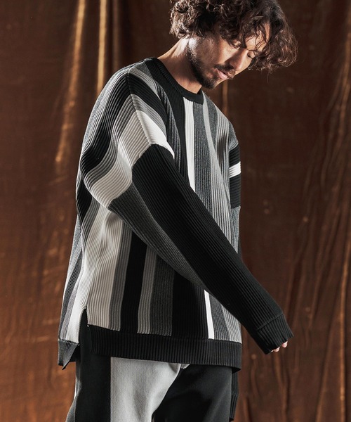 ANGENEHM(アンゲネーム)の「mn3159-Multi-Stripe Crew Knit -Airy Yarn Sweater- ニットプルオーバー(AG05-015acf)(ニット/セーター・メンズ・ブラック/ネイビー/オートミール・L/M/S)」の2枚目の写真