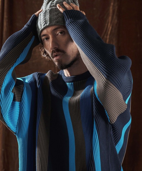 ANGENEHM(アンゲネーム)の「mn3159-Multi-Stripe Crew Knit -Airy Yarn Sweater- ニットプルオーバー(AG05-015acf)(ニット/セーター・メンズ・ブラック/ネイビー/オートミール・L/M/S)」の15枚目の写真