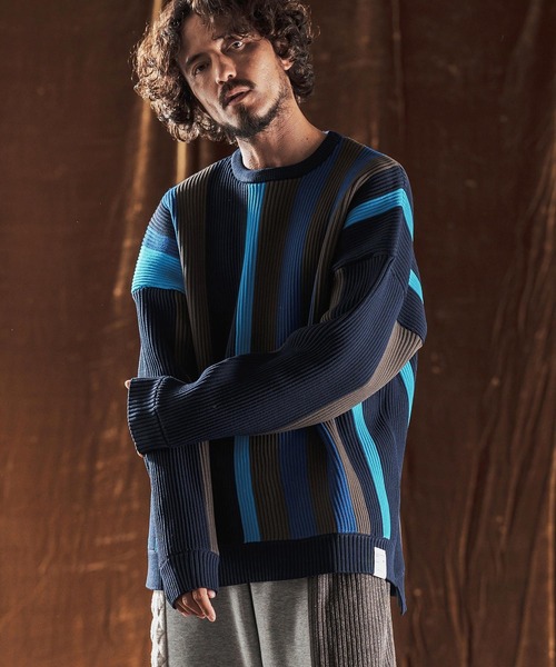 ANGENEHM(アンゲネーム)の「mn3159-Multi-Stripe Crew Knit -Airy Yarn Sweater- ニットプルオーバー(AG05-015acf)(ニット/セーター・メンズ・ブラック/ネイビー/オートミール・L/M/S)」の16枚目の写真