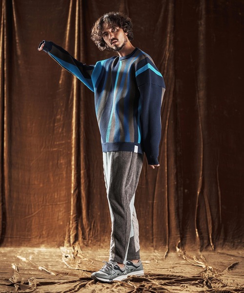 セール】mn3159-Multi-Stripe Crew Knit -Airy Yarn Sweater- ニット