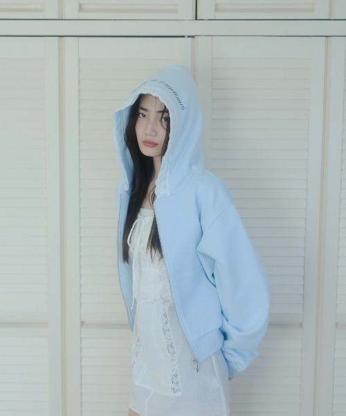 smyeon スミョン グレー パーカー Oversize lace zip hoodie /レース付きオーバーサイズジップ