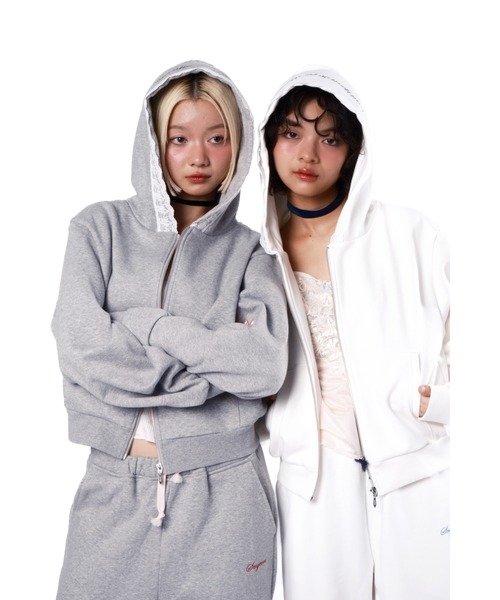 セール】Compact lace zip hoodie / レース付きコンパクトジップ